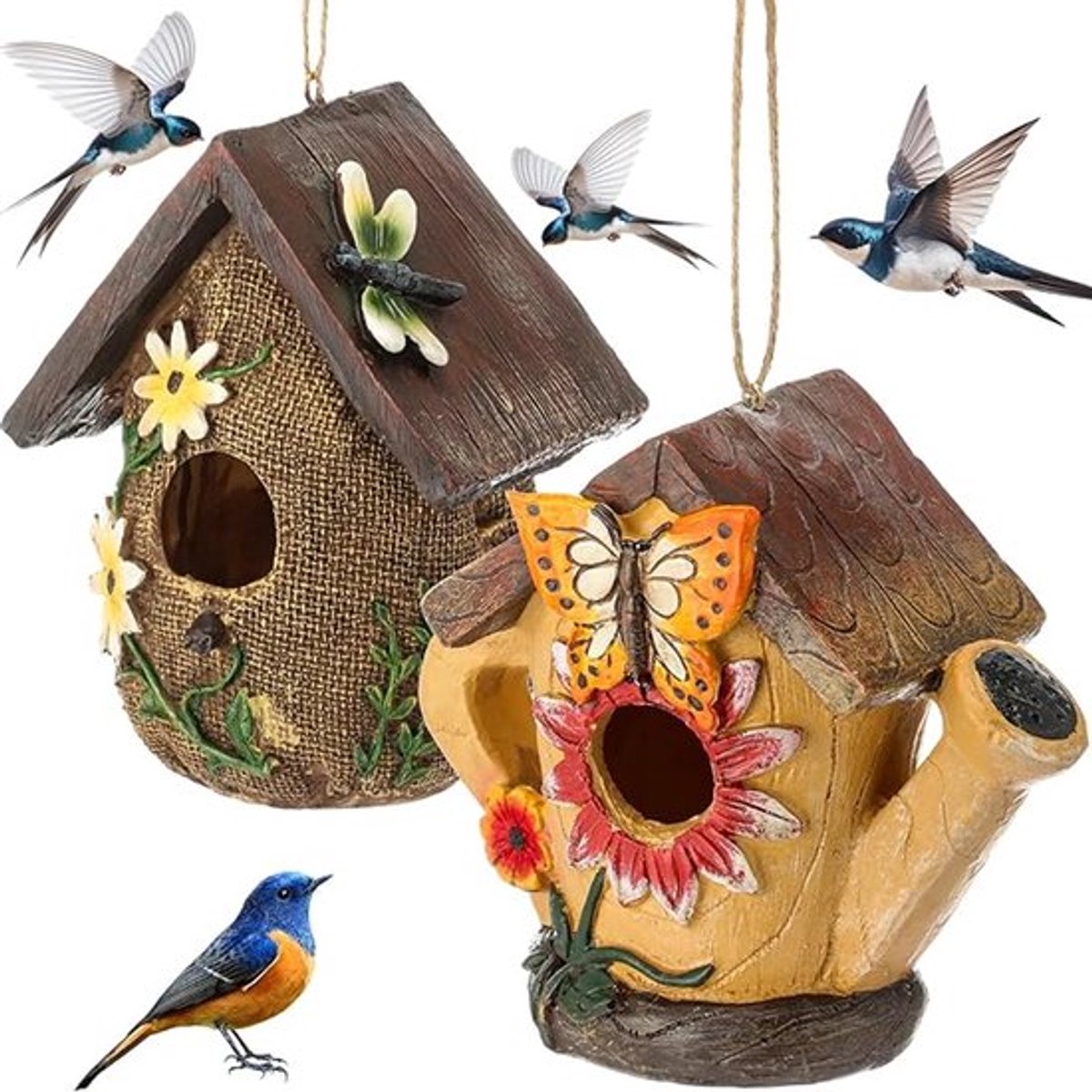 Twee decoratieve hangende volières voor buiten, geschikt voor gebruik buitenshuis. Deze kleurrijke en schattige volières van hars zijn geschikt voor decoratie binnen, buiten, in de tuin en op het erf. Een ideaal cadeau voor vogelliefhebbers.