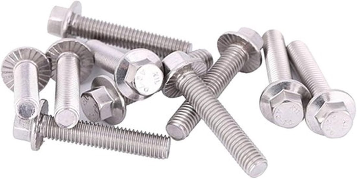 Set van 10 RVS SS304 zeskant bouten met flens en ring, M8 x 25mm