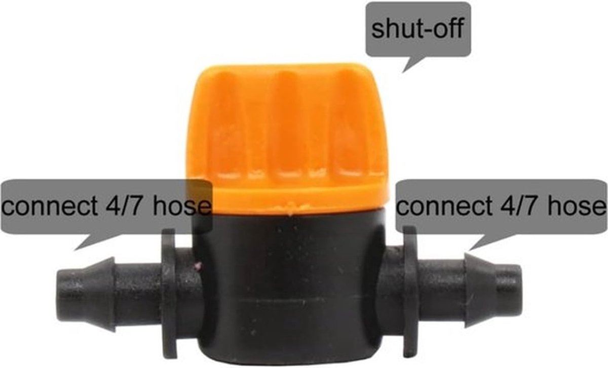 100 druppelirrigatieventielen, 1/4-inch weerhaakafsluiters, fittingen geschikt voor irrigatiebuizen, accessoires en koppelingen.