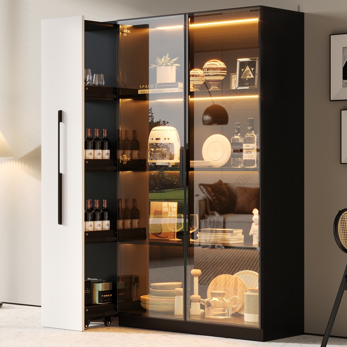 REDOM - Vitrinekast - Met LED-verlichting - Glazen deur en zij-uittrek - Met wielen - Moderne stijl - Woonkamer of eetkamer - MDF en glas - Zwart en Wit - 110,5 x 35 x 160 cm