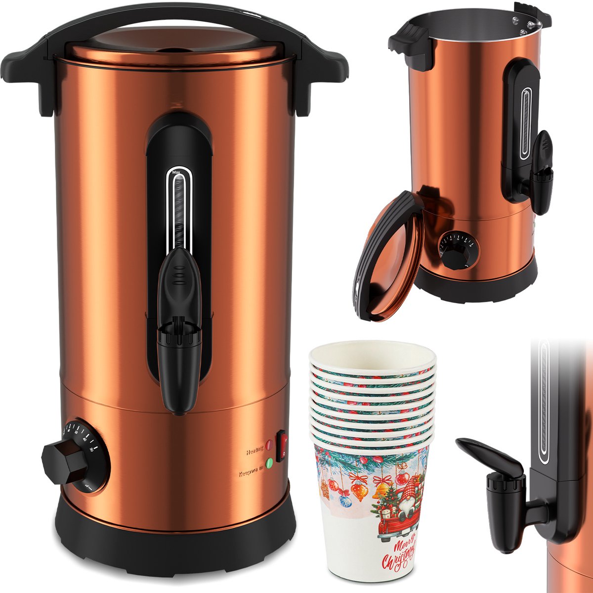 Glühweinketel 8L Koperkleurig - 1500W - 30-100 °C - Heetwaterdispenser met Tapkraan en 10 Bekers