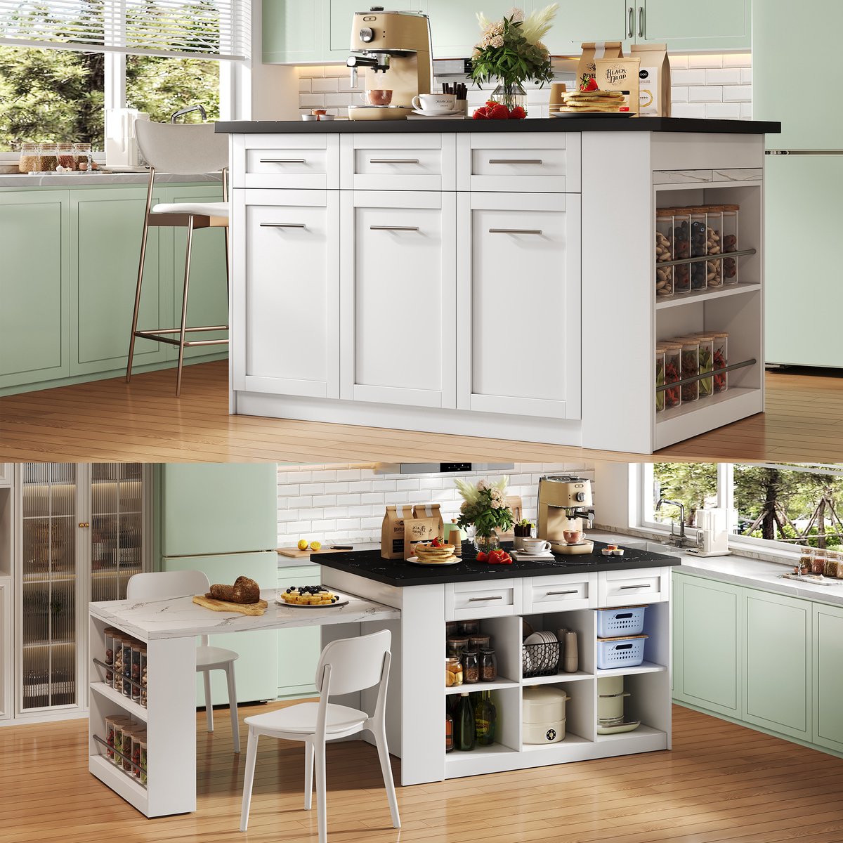 Wishdor - Eettafel - Uitschuifbaar keukeneiland met opbergruimte en lades - Modern - Voor keuken en eetruimte - Houtlook marmerlook - Wit - 150 x 90 x 90 cm