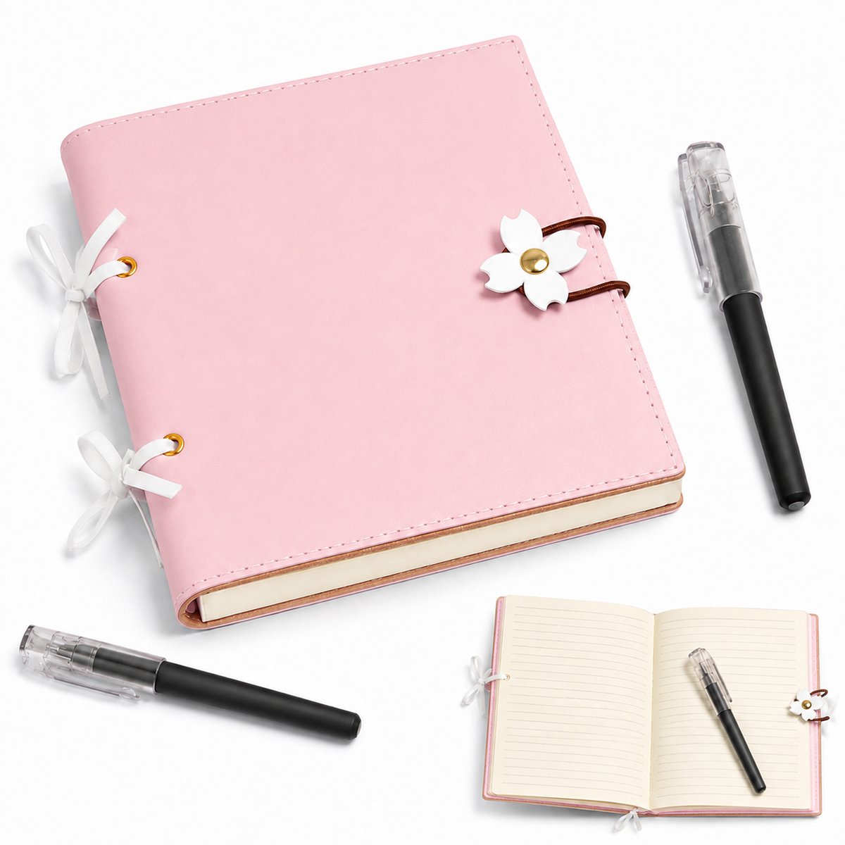 VHV - Notitieboek - Roze Dagboek - Bloemmotief -3D Sluiting 15x15cm - 240Vellen -Inclusief twee pennen- Notitieboeken - PU Lederen Schrijfblok voorSchool, Studie, Werk Journaling en Schetsen