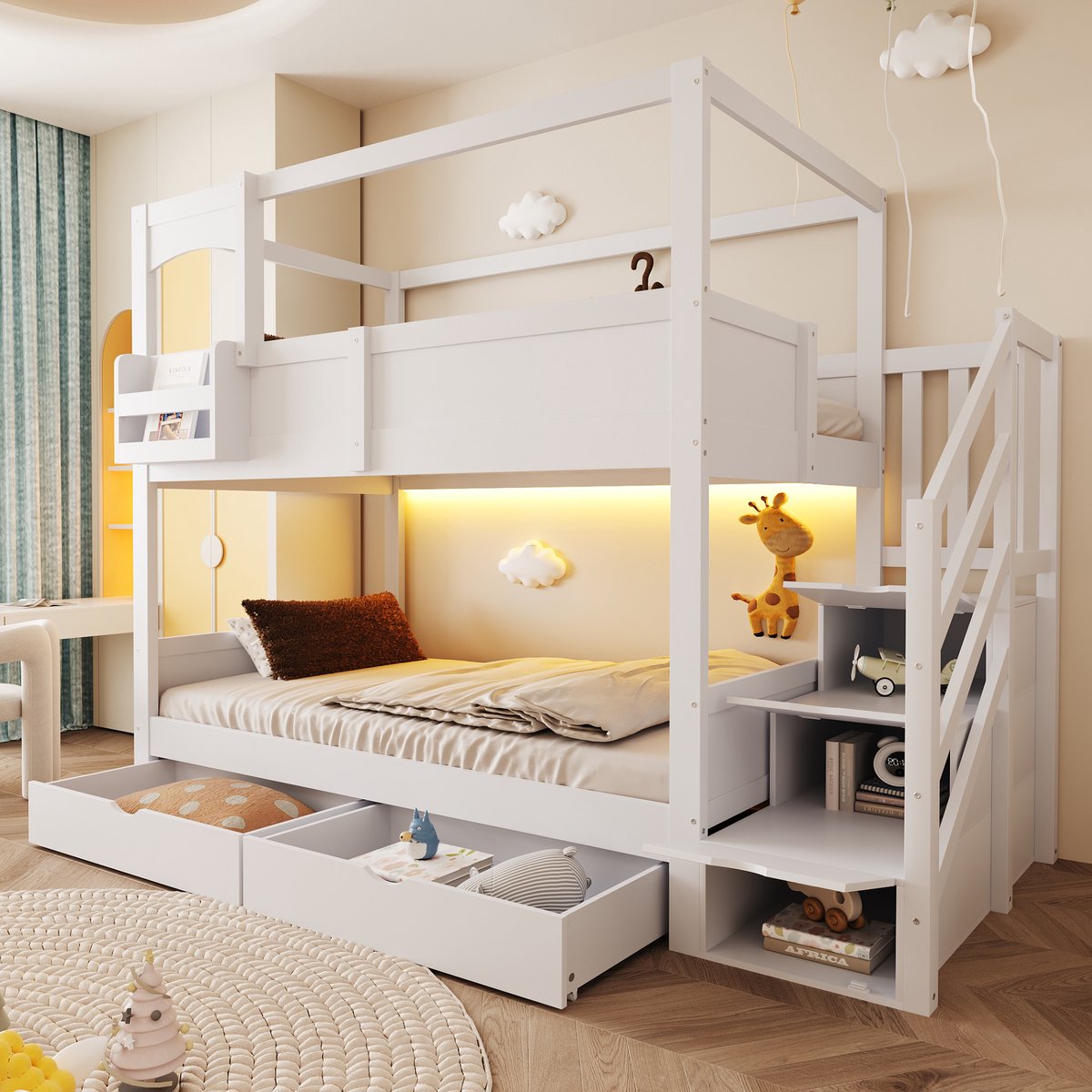 Kinderbed, Stapelbed Voor Kinderen, 90*200 cm, Bedframe In Kajuitstijl, Met Flexibele Opbergvakken En Een Creatief Krijtbord, Met Ladder En Lades, Tweepersoonsbed Voor Jongens En Meisjes, Wit
