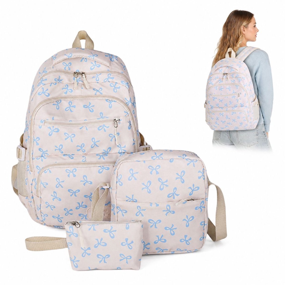 Bobypet - Schoolrugzakset - 3-delige strik rugzakset - ruime schooltas voor meisjes - voor school en reizen - blauw