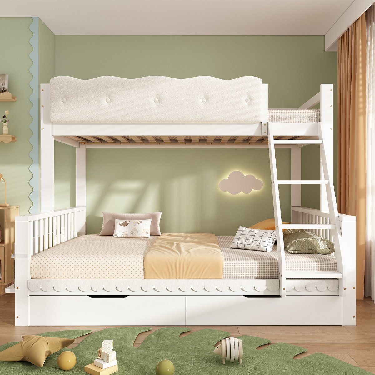 Kinderstapelbed 90X200/140X200 cm Met Wolkvormige Leuning, Lades En Tijdschriftenrek, Houten Familiebed Voor Kinderen En Volwassenen, EN 747:2024, Exclusief Matras-Wit-b