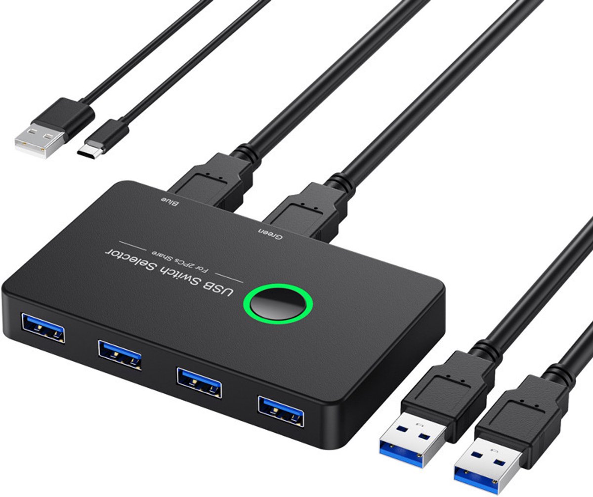 USB 3.0 Switch – KVM Switch – 2 PC’s Delen 4 USB 3.0 Poorten – USB Switch voor 4 Apparaten – 2 Computers & Laptops – Inclusief 2x USB 3.0 Kabels – Zwart