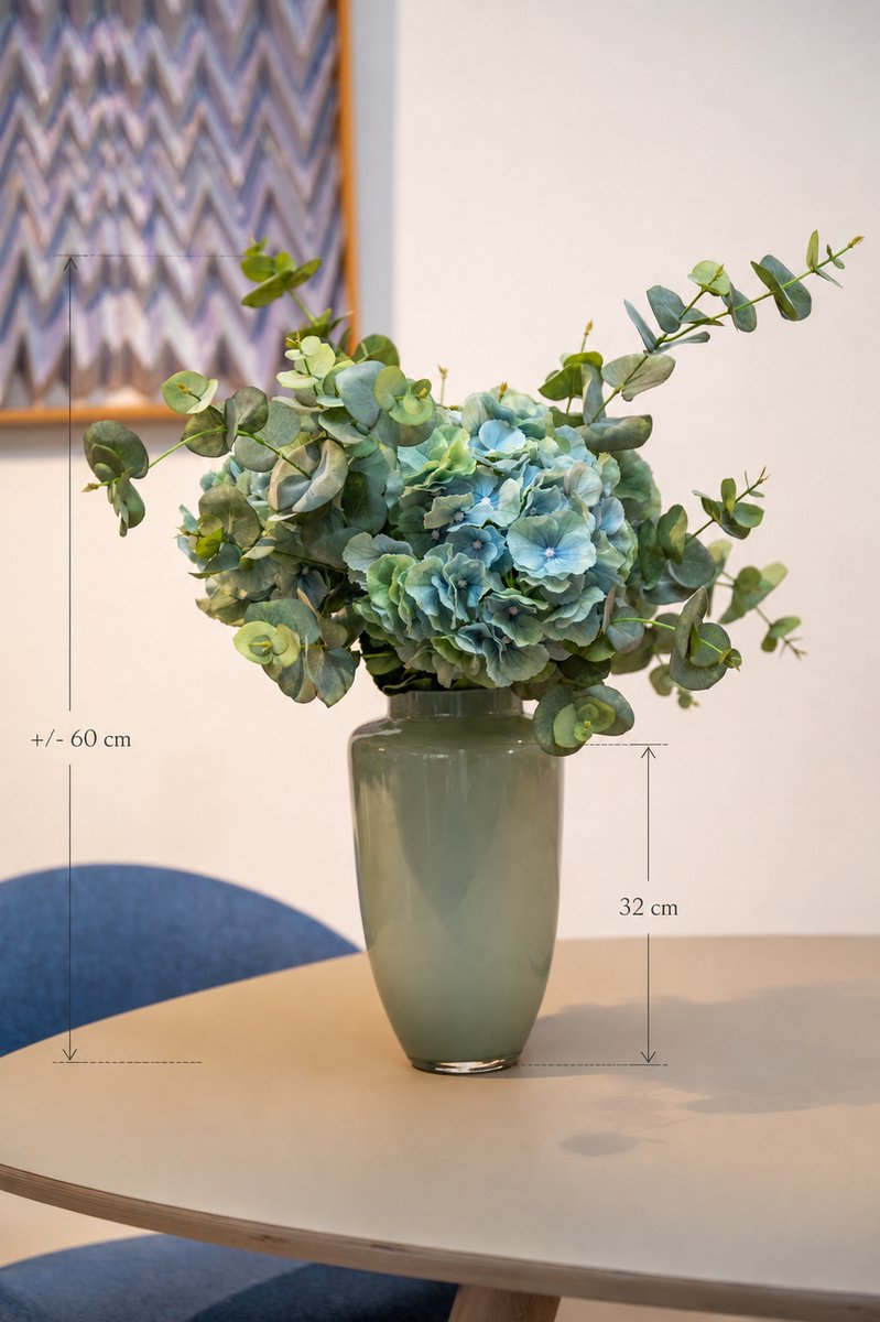 BLOOM & VESSEL Zijden Hortensiaboeket met Vaas – 60 cm – Boeket Aquamarine – Blauwgroene Hortensia & Eucalyptus – Kunstbloemen – Nepbloemen — cadeau in Wonen & Interieur - foto 6
