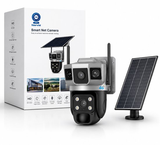 Narvie VTS02-G 4G Solar Beveiligingscamera - 4MP Triple-Lens, WiFi & 4G, Zonne-energie en USB-C, Full-Color Nachtzicht PIR & Radar Bewegingsdetectie van NARVIE — afbeelding 2