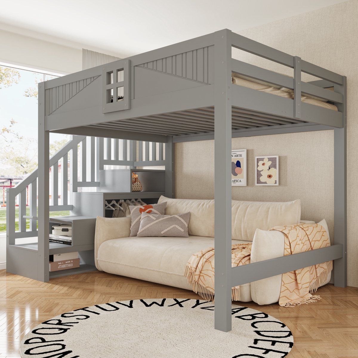 STILVORA Hoogslaper 140x200cm – Veiligheidshek Met Raam En Trap Met Opbergruimte – Voor Kinderkamer Of Slaapkamer – Hout En MDF – Grijs Zonder matras
