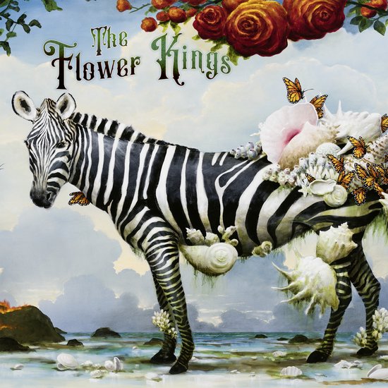 Een zebra met strepen is versierd met schelpen, koraal en vlinders. Achtergrond is een landschap met rode rozen en de tekst "The Flower Kings".