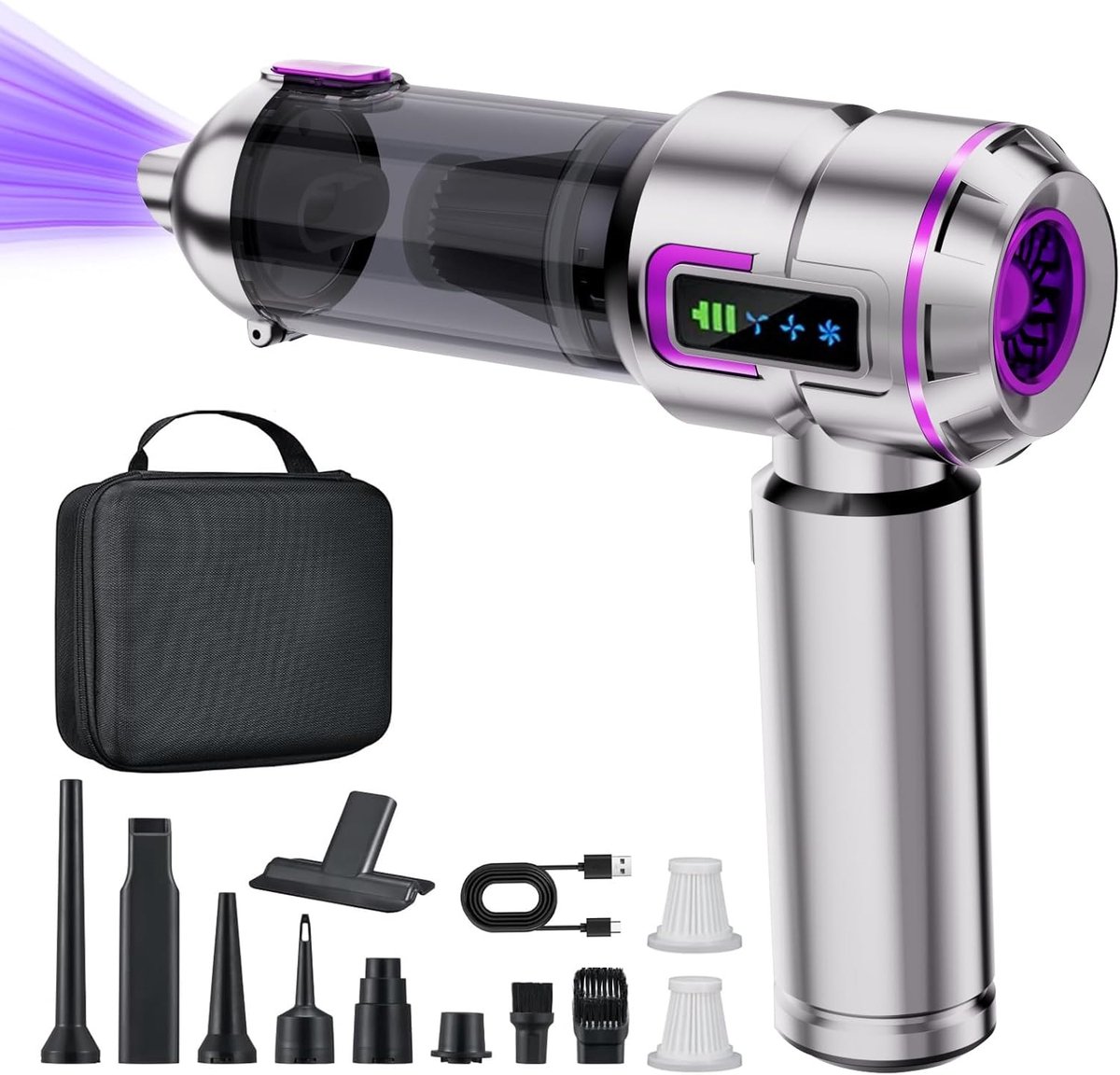 REDOM Stofzuiger met krachtige zuigkracht 16.000 Pa – Draadloze handstofzuiger – 3 standen – Zuigen, blazen, opblazen en leeglopen – LED-display – Auto en huis – Zilverpaars