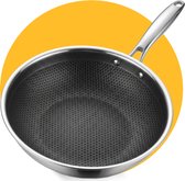 Zilverkleurige wokpan met honingraat anti-aanbaklaag, op een gele cirkel.