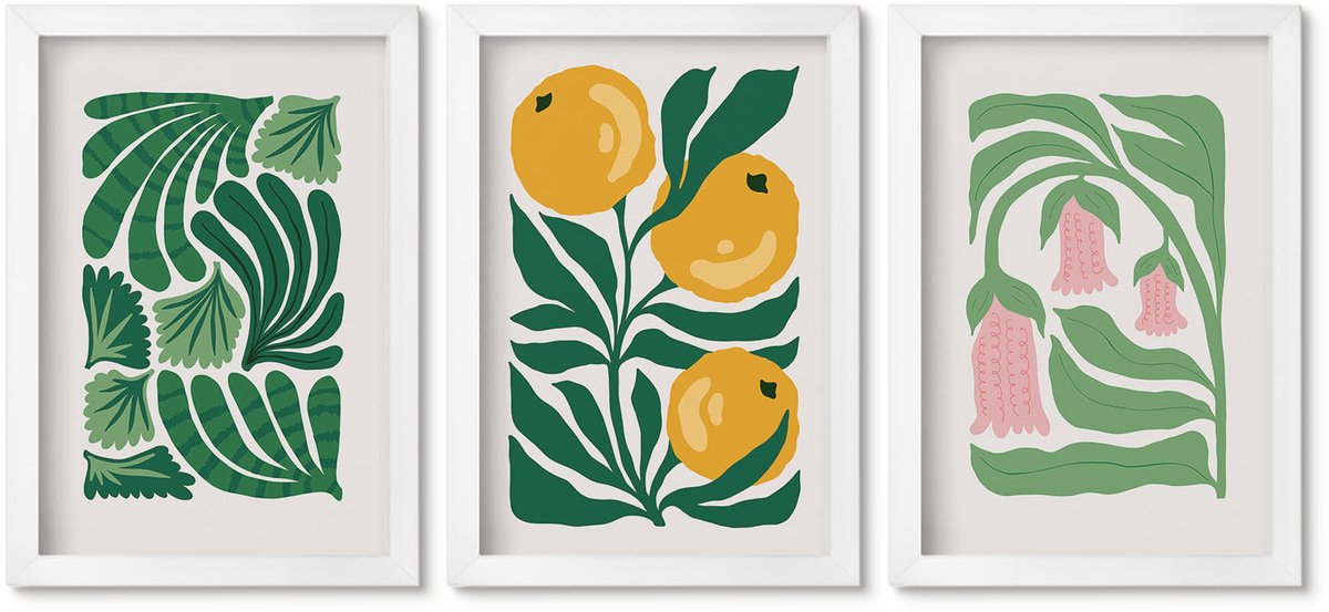 Wallfluent 3-Delige Schilderij Set - Minimalistische Plantpatronen Met Vruchten En Bladeren - 20 x 30 - Muurdecoratie - Wanddecoratie - Slaapkamer