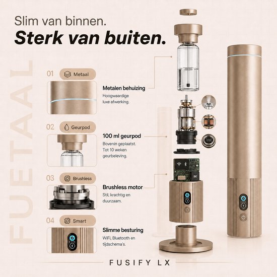 Explosietekening van de gouden FUSIFY LX diffuser, met focus op metalen behuizing en motor. "Slim van binnen. Sterk van buiten."