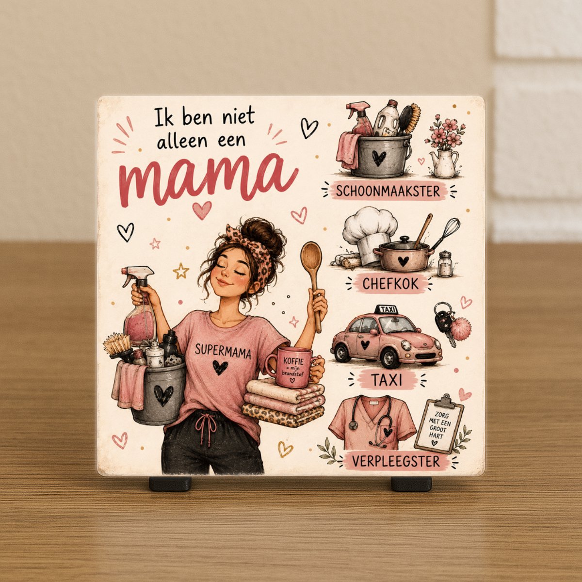 CreaCraft Spreuktegel “Ik ben niet alleen een mama” - Woondecoratie – Cadeau tegeltje – Trendy nu – Vriend(in), Collega, familie – Zomaar – Cadeau – Incl standaard – Wenstegeltje – Cadeau idee