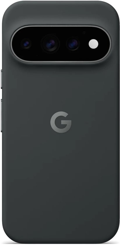 Donkergrijs Pixel-hoesje met Google G-logo en camerauitsnijding.