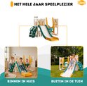 Wit speelhuisje met gele en groene accenten, met glijbaan, schommel en klimmuur. Te gebruiken binnen of buiten.