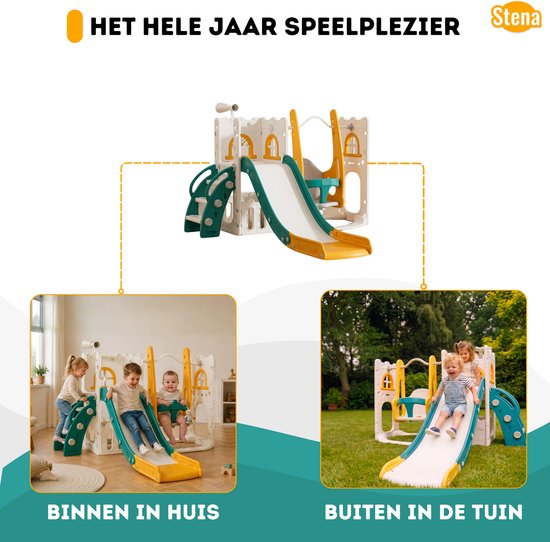 Wit speelhuisje met gele en groene accenten, met glijbaan, schommel en klimmuur. Te gebruiken binnen of buiten.