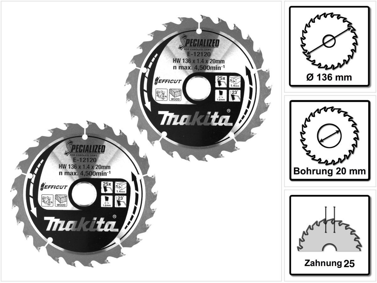 Makita CCM13625E SPECIALIZED EFFICUT zaagblad 2 stuks (2x E-12120) 136 x 1,4 x 20 mm 25 tanden voor hout