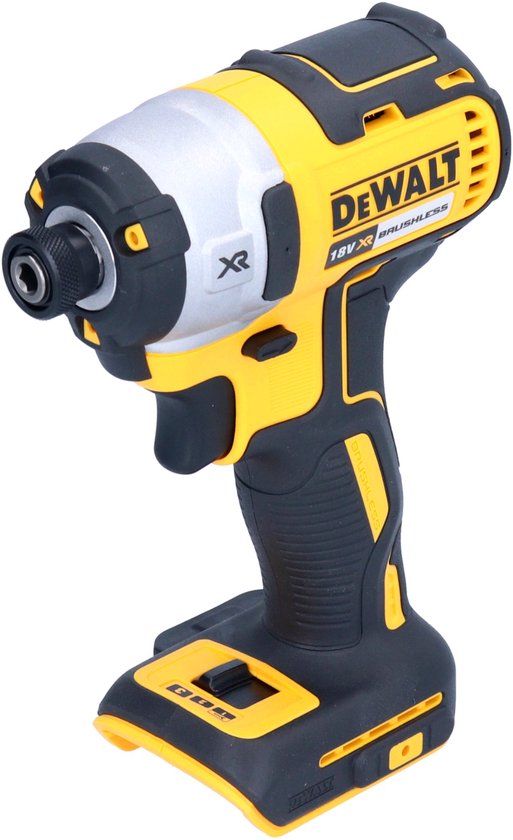 DeWALT 18V XR Brushless slagschroevendraaier, geel, zwart en zilver, met batterij-indicator aan de onderkant.