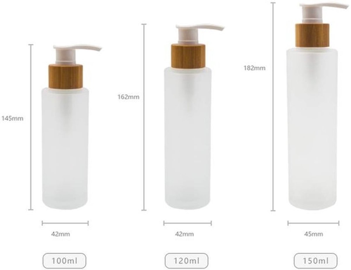 Pompfles 150ml - Leeg navulbaar - Frosted glas - Bamboe pomp hoofd - Toiletopslag - Geschikt voor shampoo/lotion - Dispenserfles