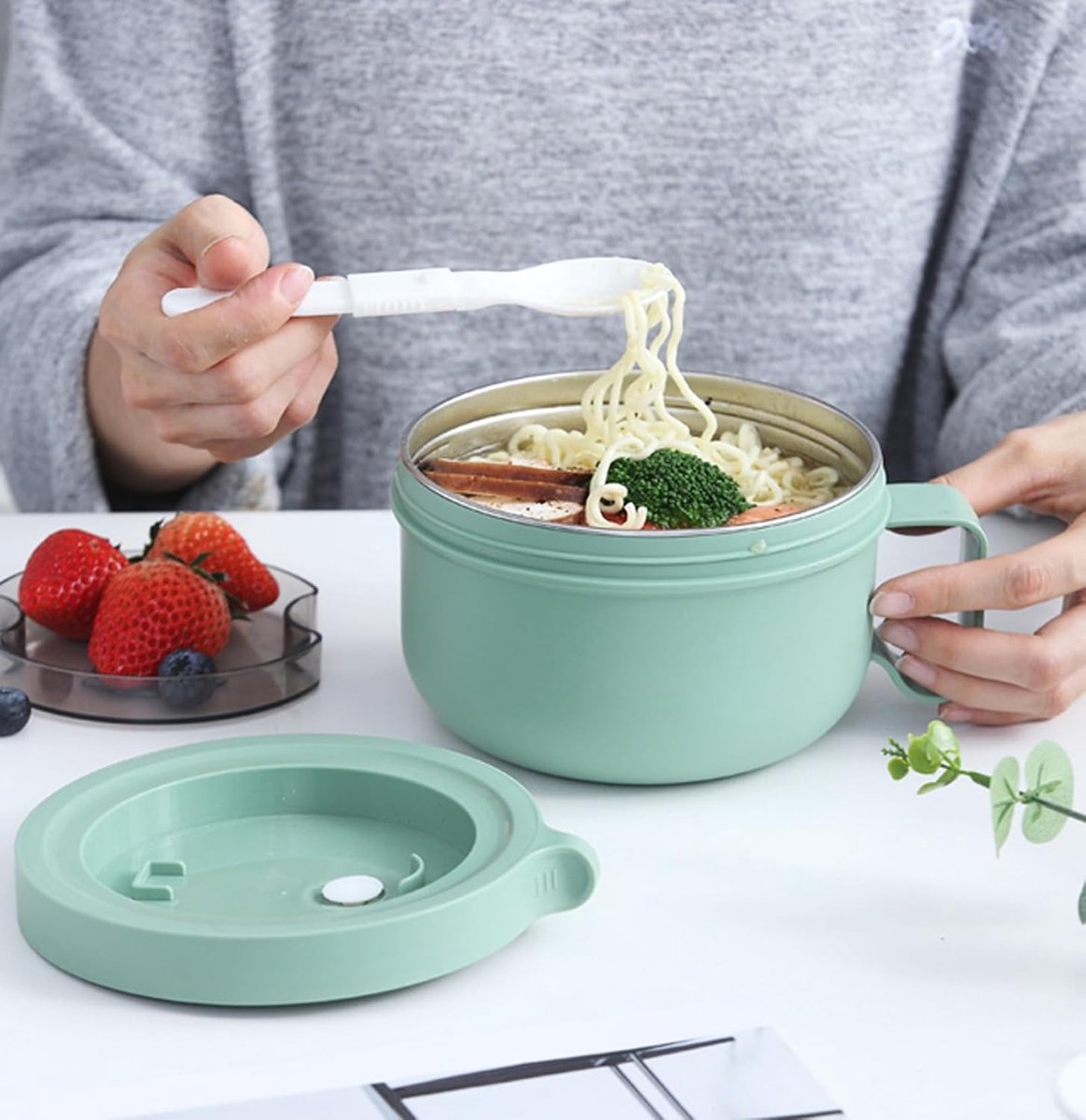 SnelShoppen - Grote Capaciteit 304 RVS Instant Noodle Kom met Deksel - Bento Lunchbox voor Studenten - 850ml - Blauw - Ideaal voor Thuis, School en Ca