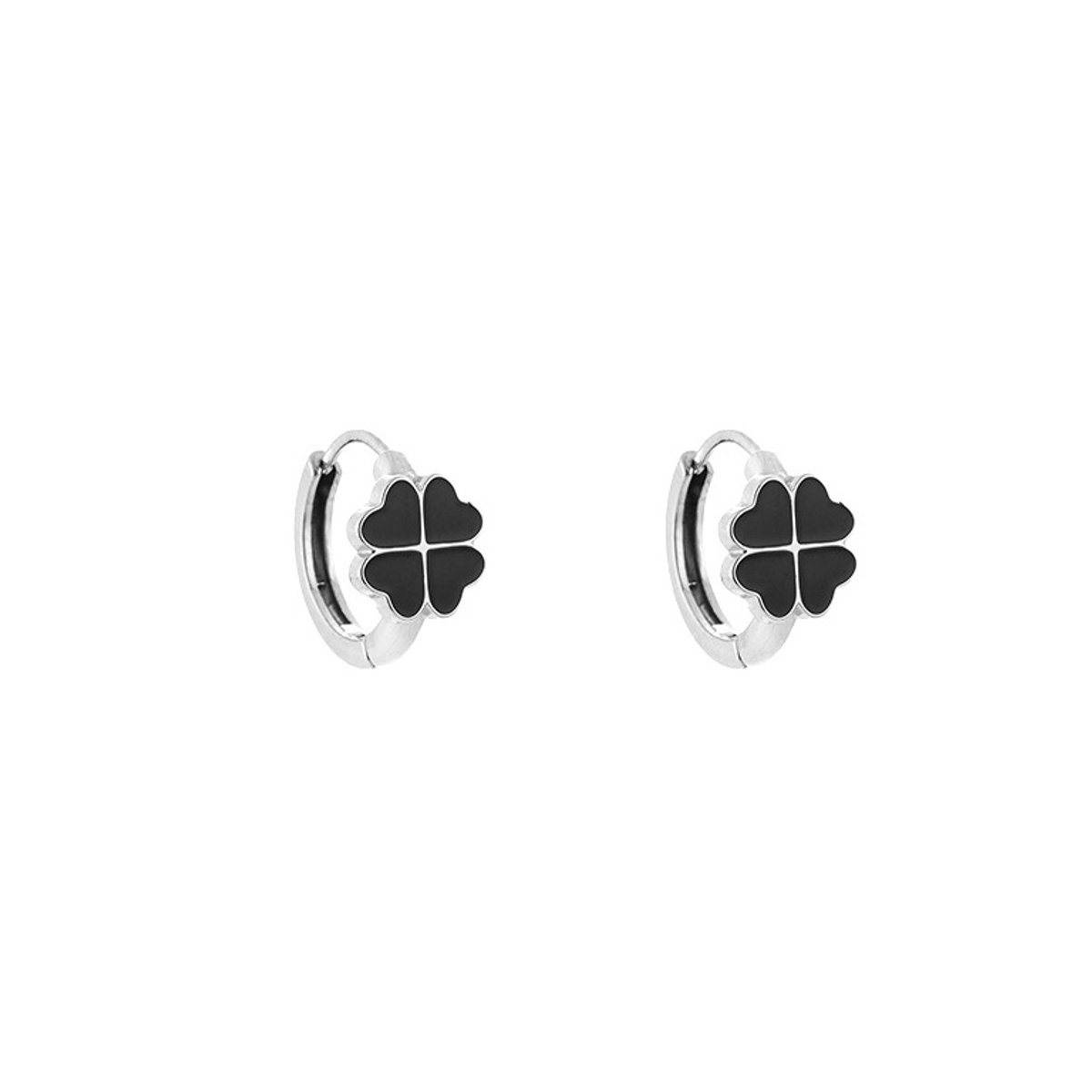 Black Enamel Four-Leaf Clover Huggie Hoops – Luxe Oorringen met Klavertje – RVS - Zilver
