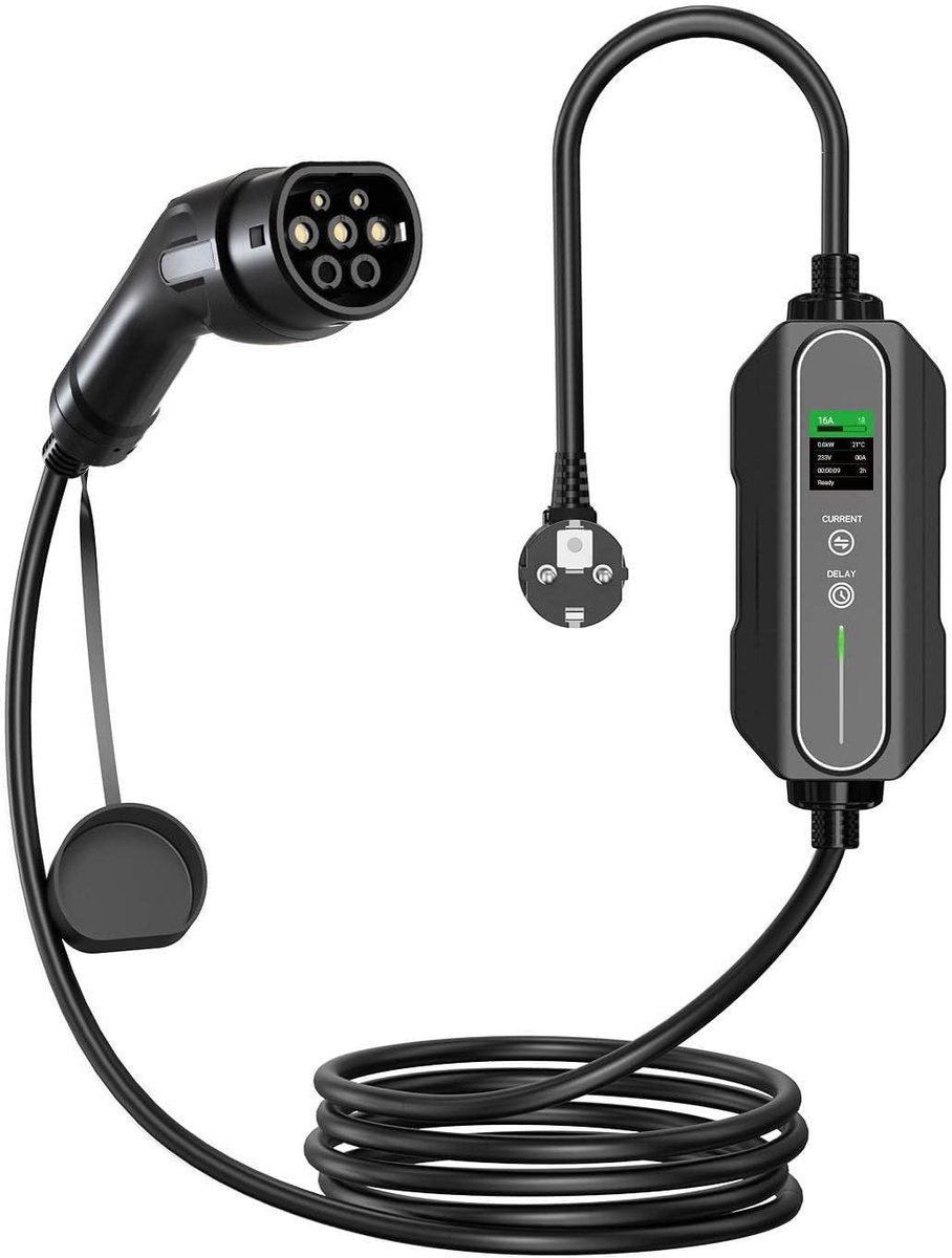 SnelShoppen - Mobiele Thuisoplader 3.7 kW - IP67 Waterdicht - Type 2 van Stopcontact - 6A/8A/10A/13A/16A - 1 Fase - TPU Kabel - Uitgestelde Laadfuncti