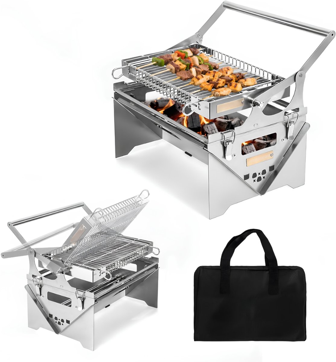 Lìon® BBQ Houtskool - Draagbare Camping Houtskoolbarbecue - 360° Draaibare BBQ Grill - Zilver - 43cm x 28cm x 36cm
