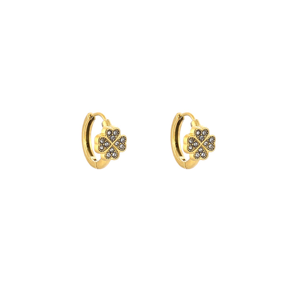 Sparkling Pave Zirconia Four-Leaf Clover Huggie Hoops – Luxe Oorringen met Zirkonia Klavertje – RVS - Goud