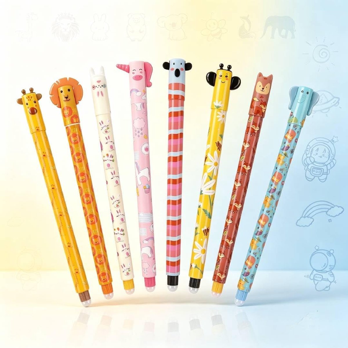 Set van 8 uitwisbare balpennen 0,7 mm - dierenmotieven - cartoon-doppen - ideaal voor studenten - SnelShoppen