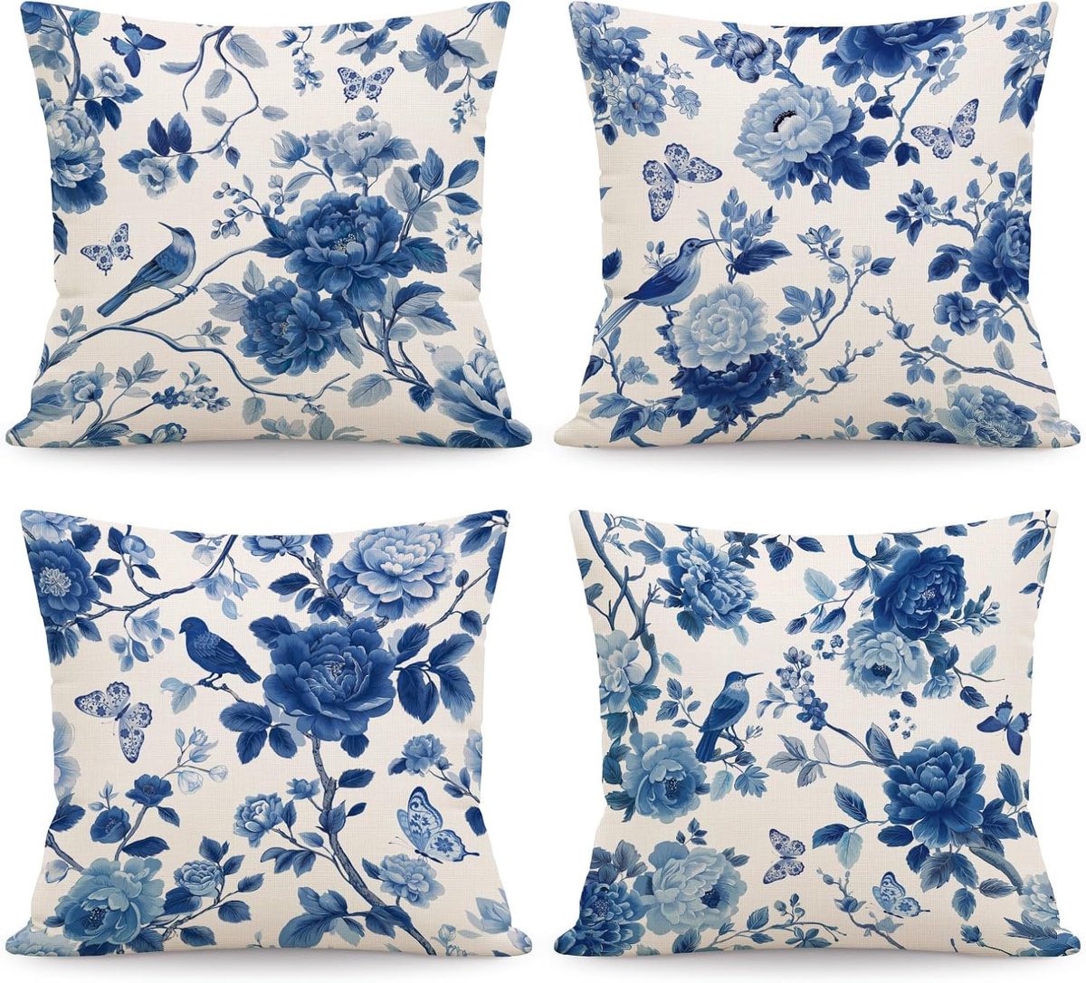 Kussenhoezen 45 x 45 cm - Chinoiserie Blauw Wit - Inkt Vogels en Bloemen - Perfect voor woonkamer of slaapkamer - ShopVlot