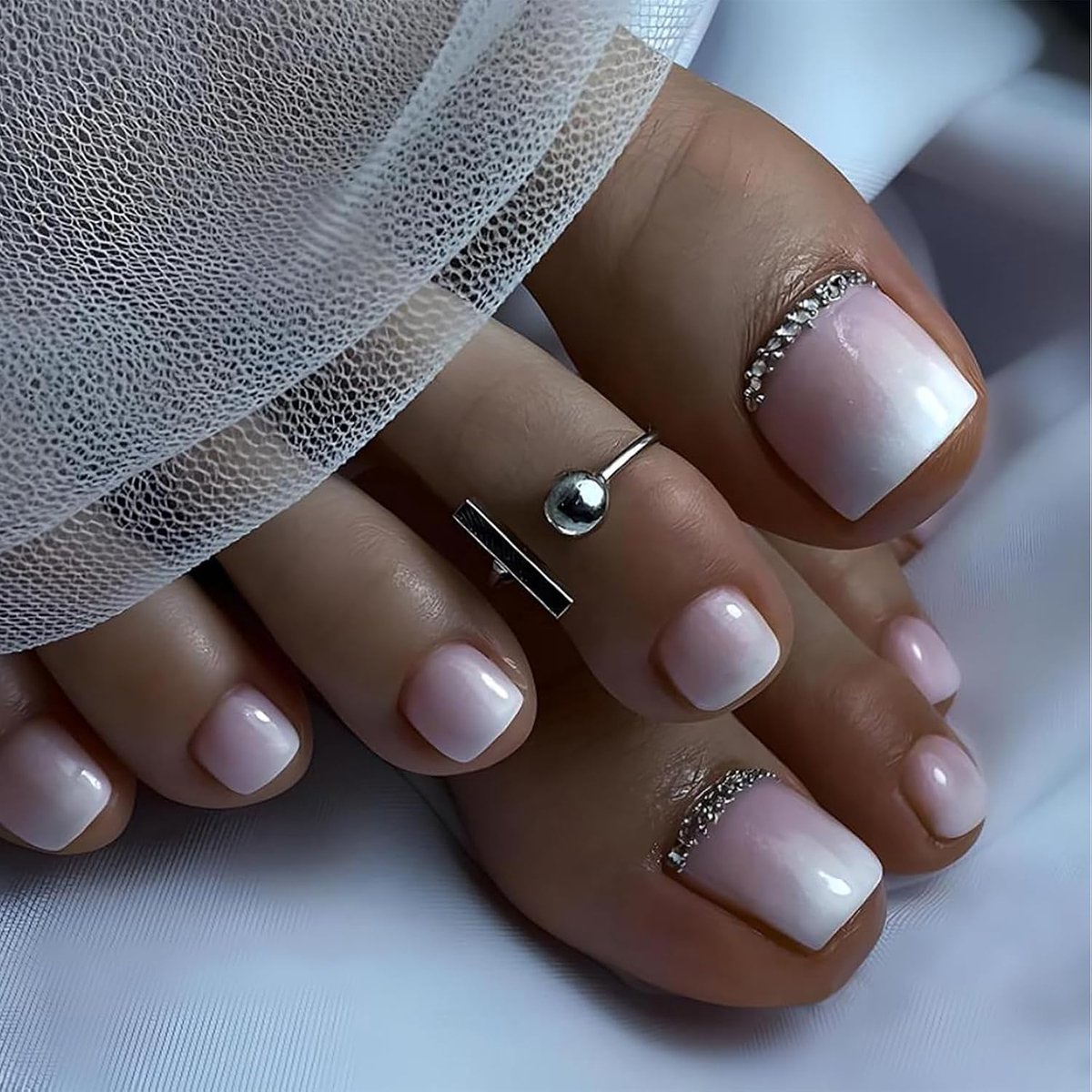 24 stuks korte kunstmatige teennagels, roze en wit kleurverloop, strass-designs, acryl