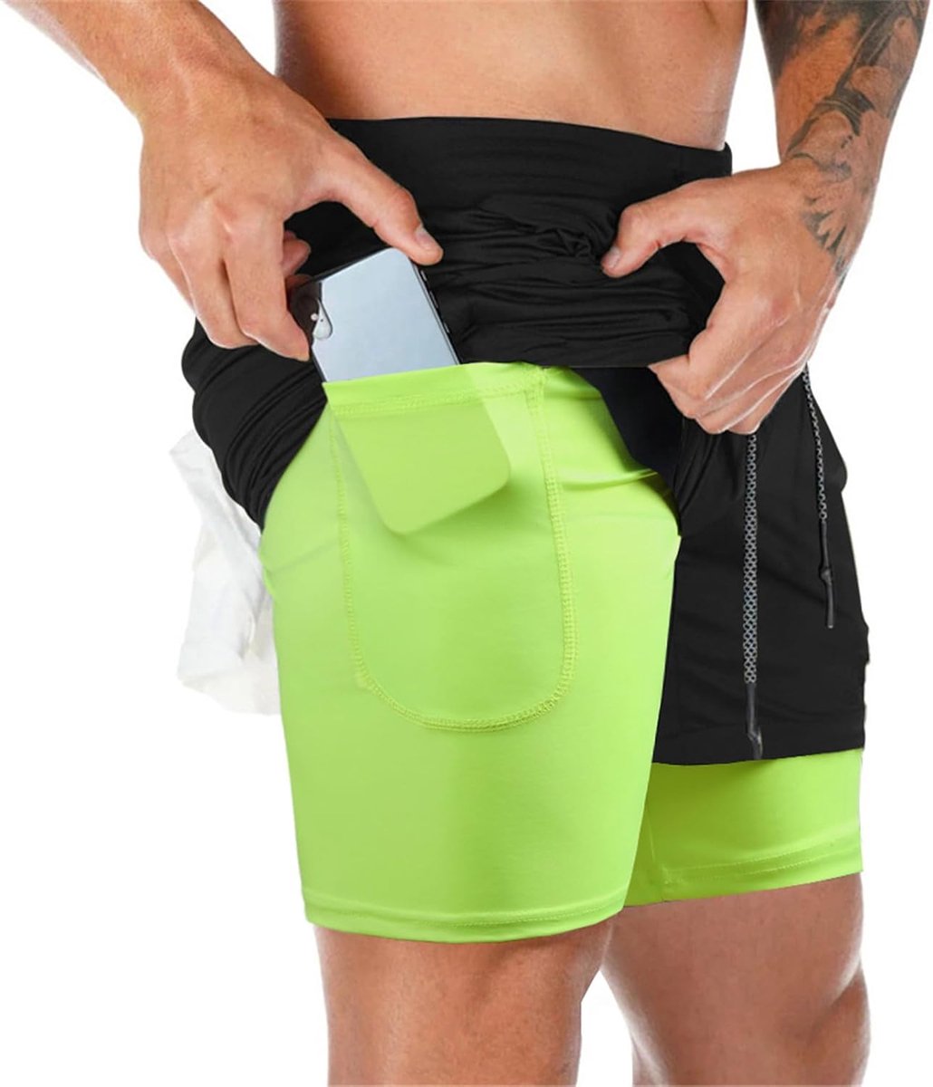 Shorts voor heren, 2-in-1, korte hardloopbroek, sportbroek, met geïntegreerde zakken, voor fitness, training.