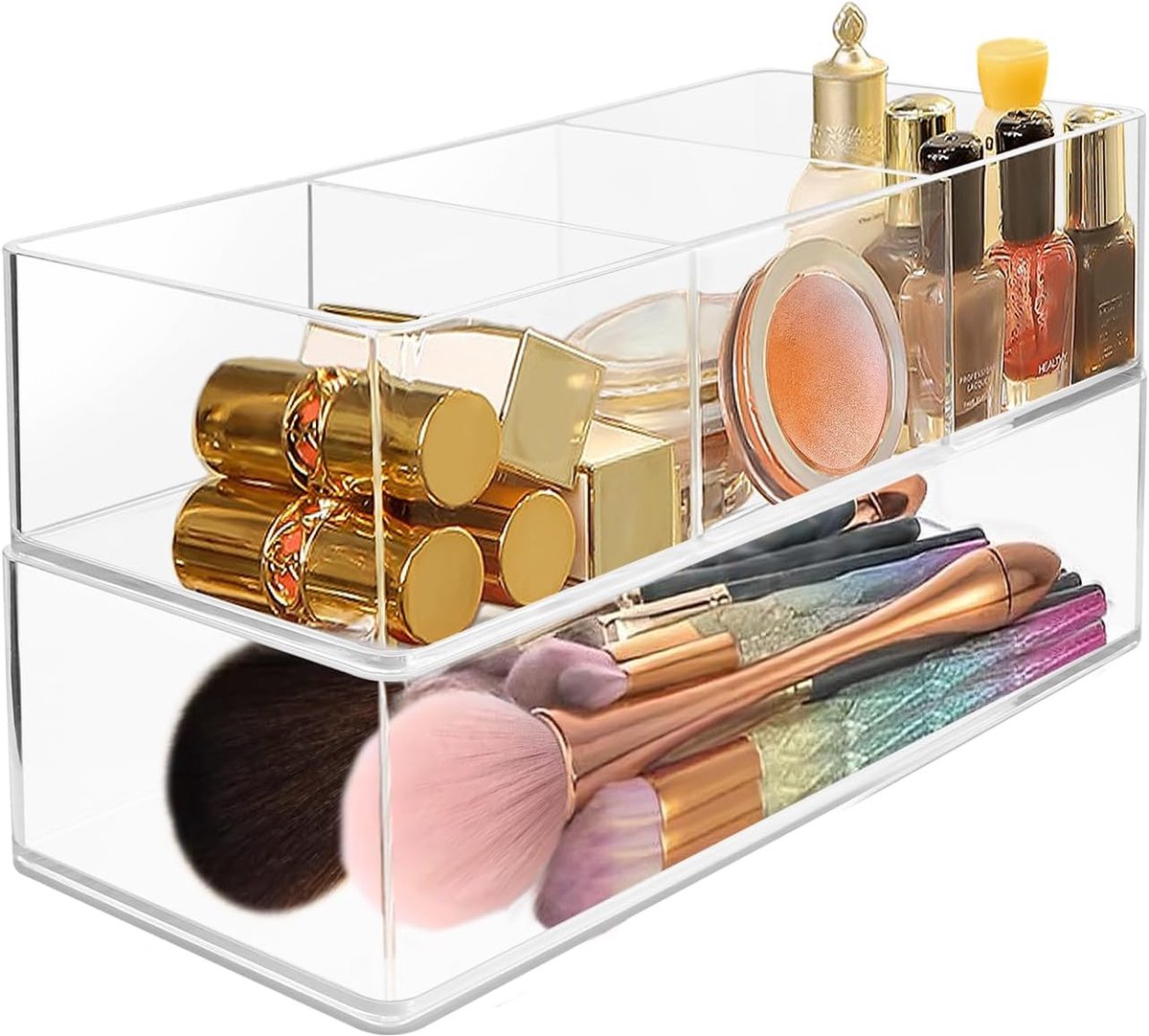 Set van 2 make-up lade organizer, 3 compartimenten en 1 compartiment acryl make-up organizer stapelbare make-up opslag organizer doos doorzichtige cosmetische opslag voor oogschaduw, cosmetica