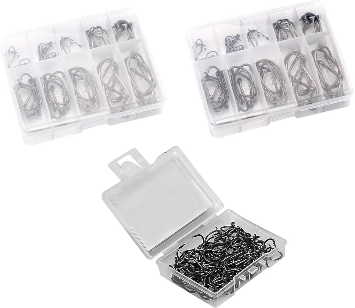 Haken, 260 stuks koolstofstalen vishaken, set in 13 maten, vishaken met weerhaak, vishaken met oogje, visaccessoires met kunststof organizerbox (3# - 15#)