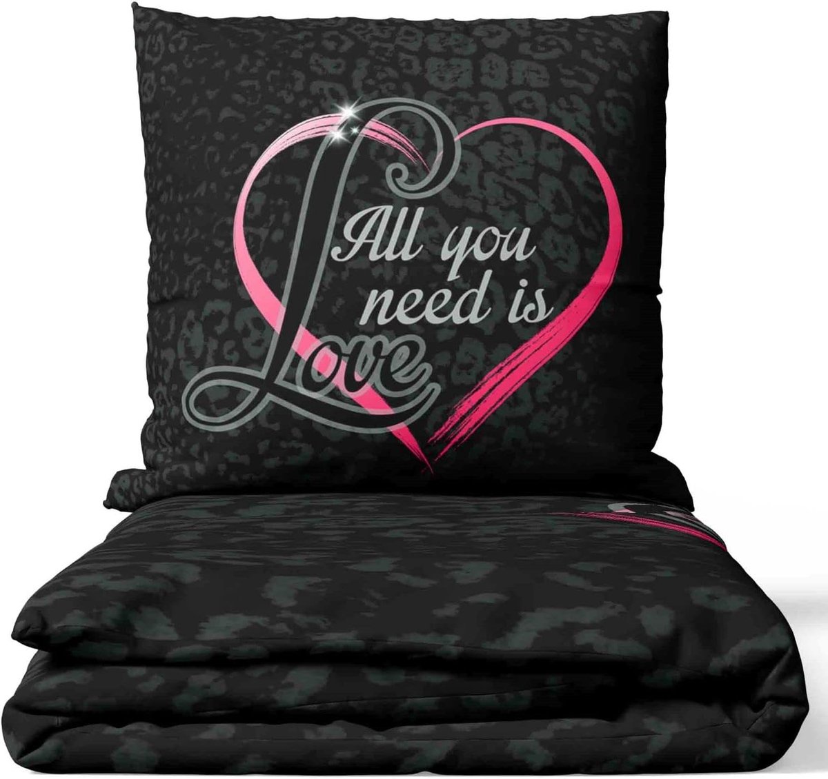 Vicenti Beddengoed microvezel hart liefde 135 x 200 / 155 x 200 / 155 x 220 cm zwart roze set met ritssluiting