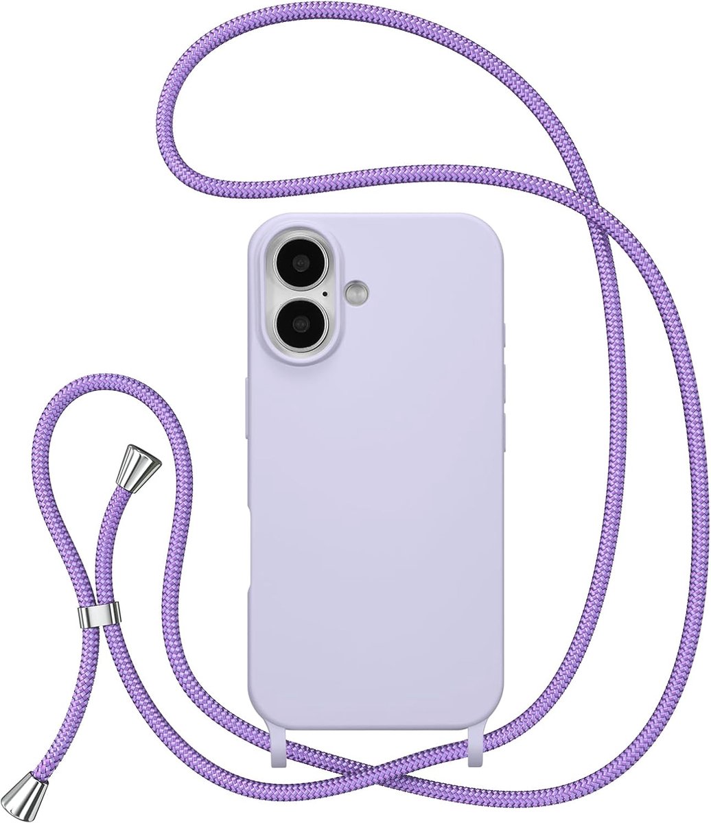 Telefoonhoesje Met Koord voor iPhone 16 - Vloeibare Siliconen Beschermhoes om te Hangen, Halsketting, Paars