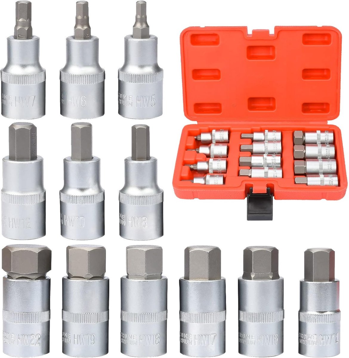 12-delige Allen Moer Set Hexagon Socket Set, Schroevendraaier Bits 5-22 mm, Multi-tand Moer Set, Hexagon Socket 1/2 Inch Drive Insert Socket Set