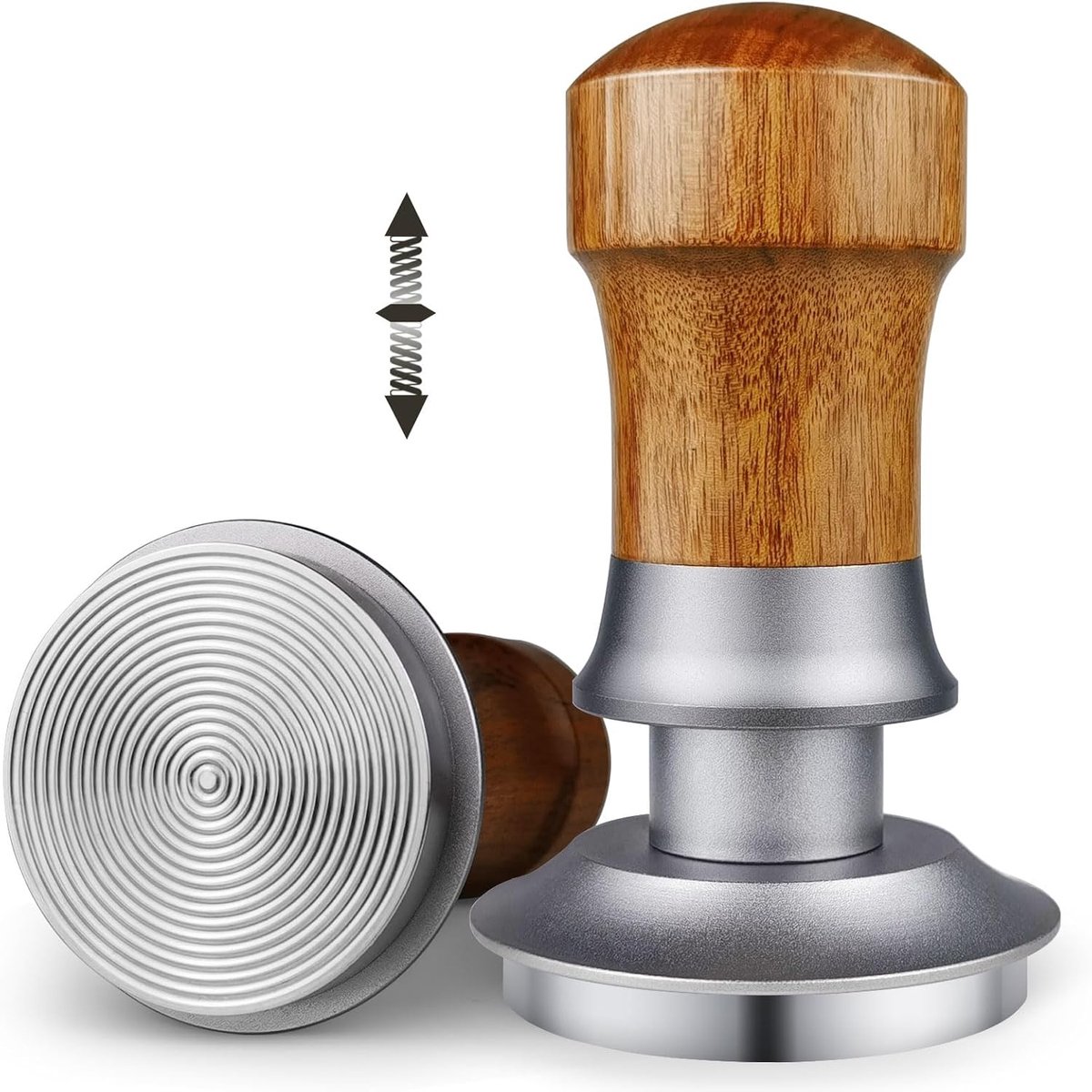 Tamper 51 mm, drukregelend gekalibreerde espresso tamper, veerbelaste aandrukkracht, koffietamper voor DeLonghi, 51 mm zeefdrager, walnoothouten handvat, 304 roestvrij stalen basis, zilver