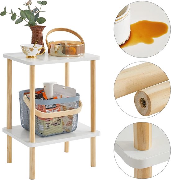 2-Tier zijtafel, smalle eindtafel met opbergplank, nachtkastje voor kleine ruimtes, slaapkamer, woonkamer, entree, boerderijstijl, geen gereedschap nodig voor montage, wit WST002W — afbeelding 4