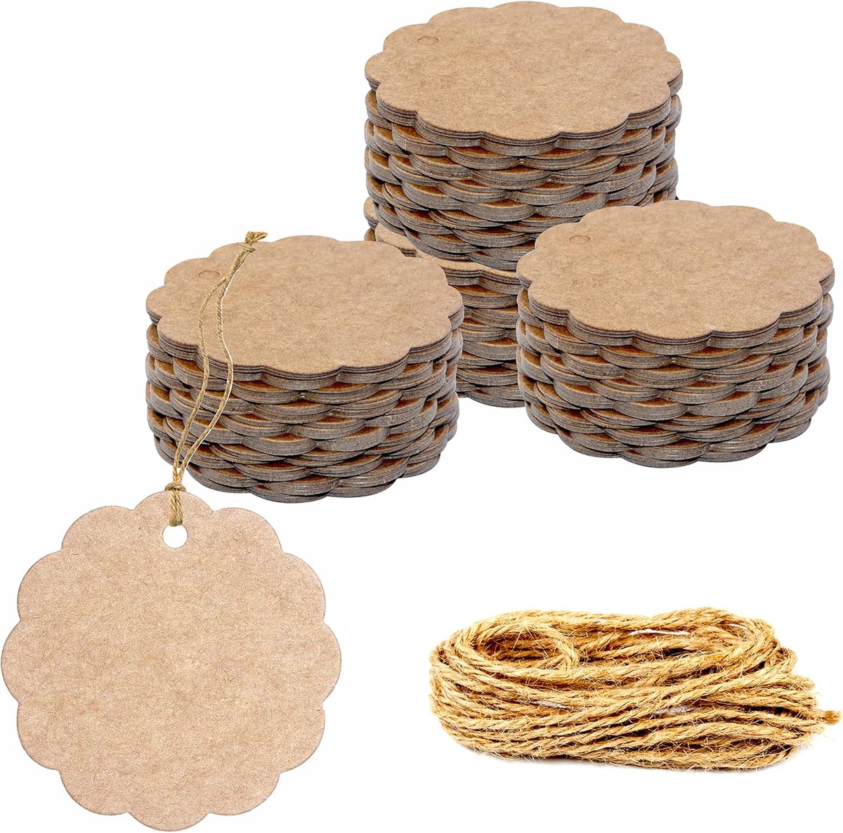 Kraftpapier golfvormige cadeauhangers met 30 meter natuurlijk jute koord voor knutselverpakkingen (6 cm diameter)