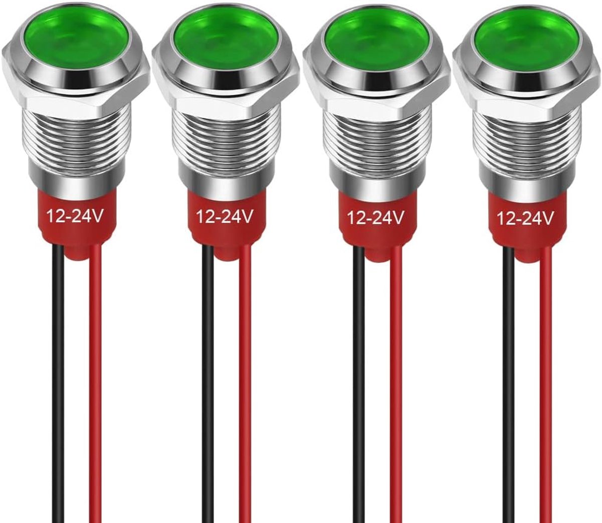 10mm LED-indicatielampje 12-24V Waterdicht Signaallicht Metalen Paneel LED-indicatielampje Paneelmontage Platte Kop met Draden Zilveren Schaal (Groen, 4 stuks)