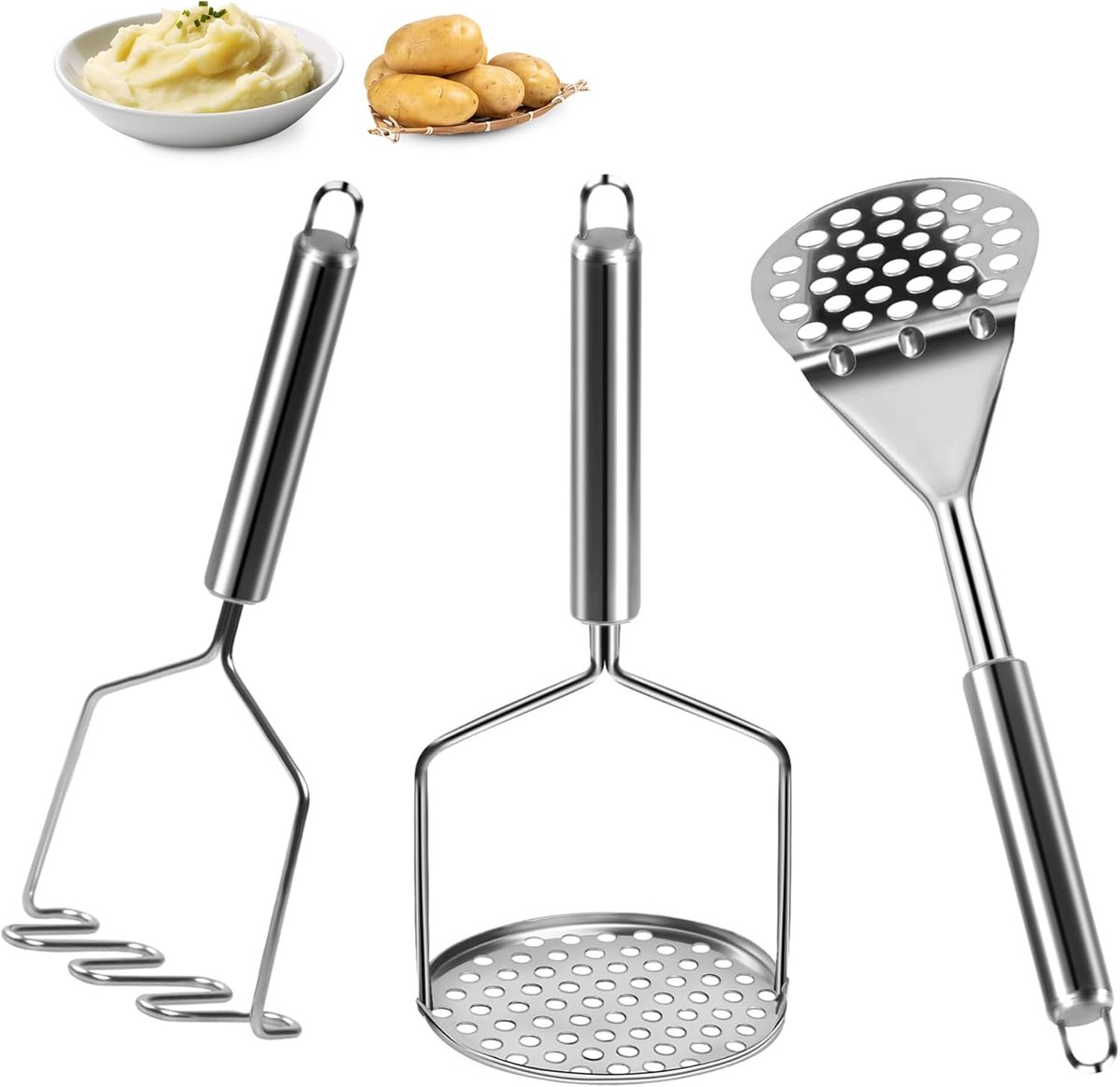 3 stuks aardappelstamper, roestvrij staal, aardappelpers, potmasser, met dik handvat, keukenhulp, voor aardappelstamper, avocado, bonen
