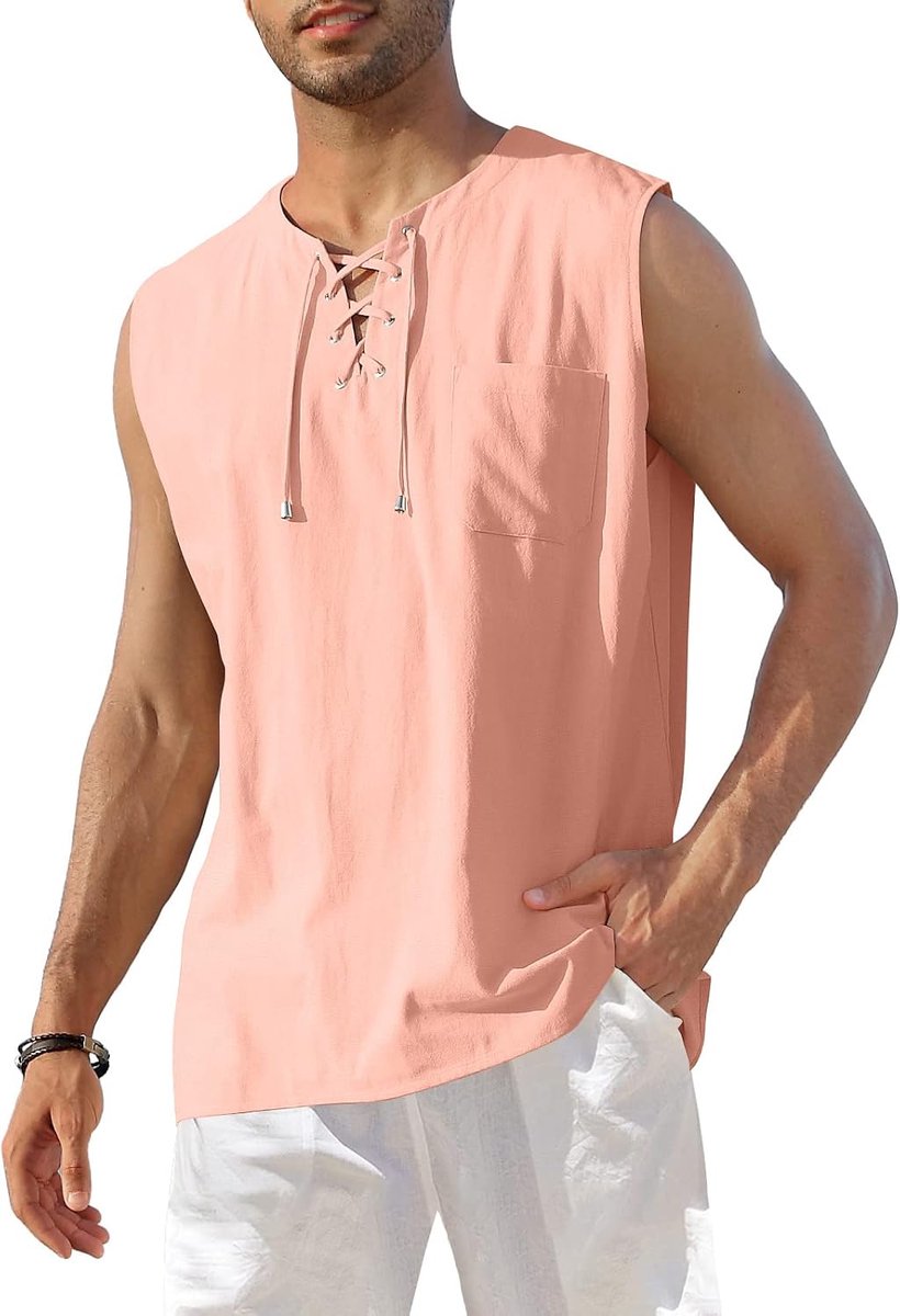 Mouwloos Henley-shirt van linnen-katoenmix voor heren, vetersluiting, casual, strand, hippie