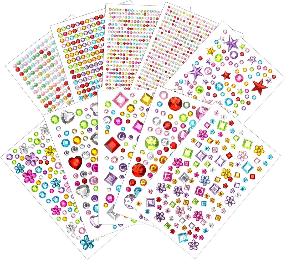 3200 Stuks DIY Strass Zelfklevende Gems Sticker, 3mm 5mm Kleurrijke Acryl Diamant PC Telefoon Sticker, 10 Vellen Zelfklevende Strass Stickersvoor Gezichts Make-Up Nagelkunstdecoratie Decoratie