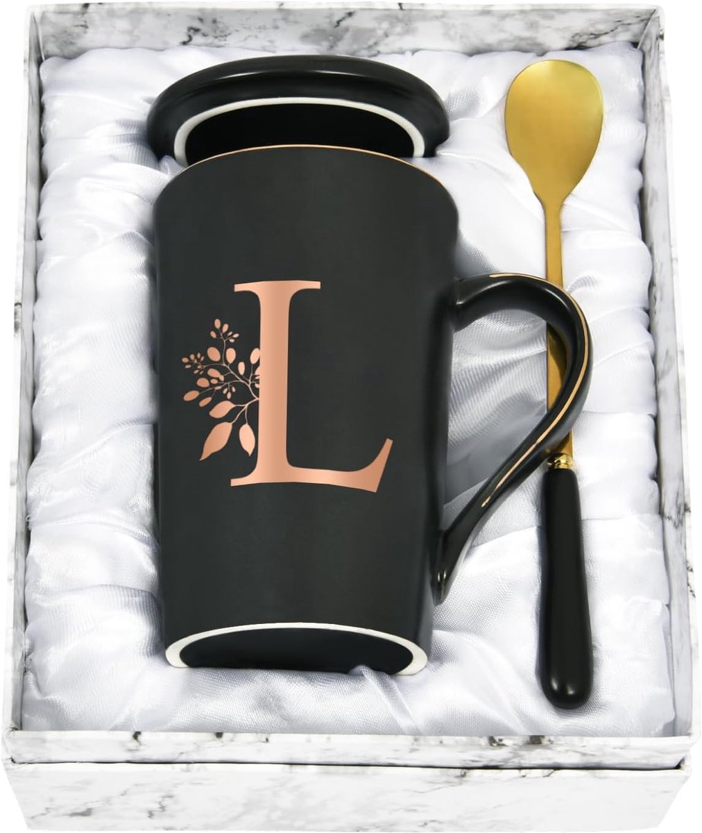 Gepersonaliseerde mok met letters, koffiemok met bloemenmotief, naam en initiaal, persoonlijke geschenken, koffiemok voor vrouwen, vriendin, L - 400 ml, zwart