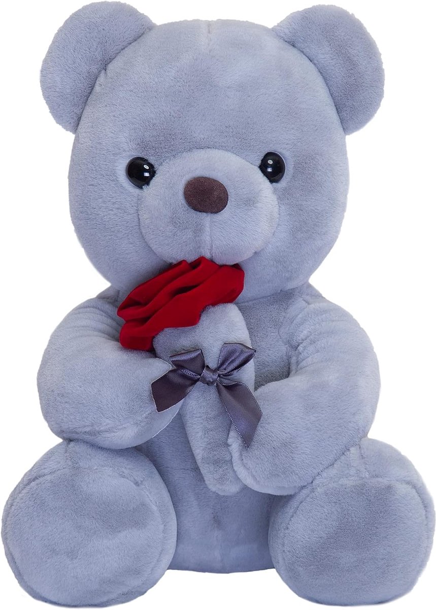 pluche dier met roos, schattig knuffeldier speelgoed kussen beer pop cadeau voor kinderen jongens meisjes verjaardag Kerstmis Valentijnsdag (35cm, grijs)