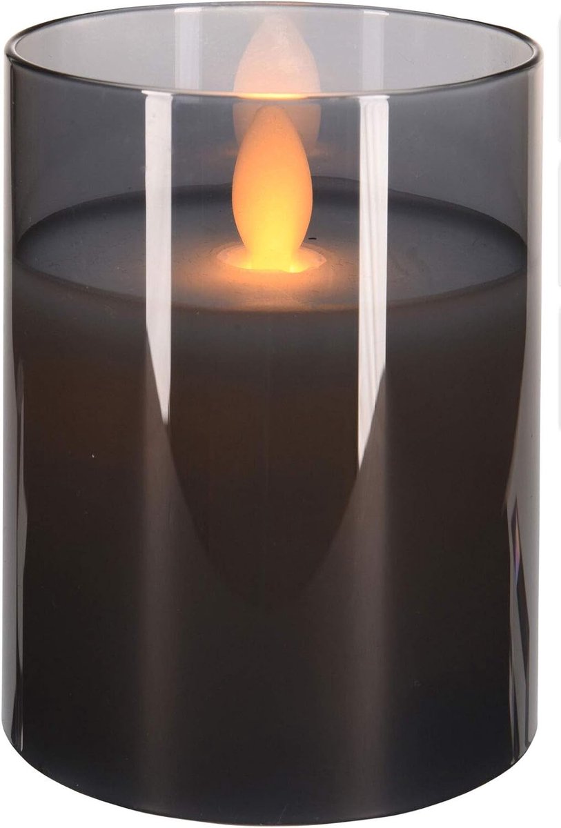 LED-kaars in glazen container, vlamloos, realistisch flikkerend, op batterijen. Hoogte 10 x Ø 7,5 cm, grijs)